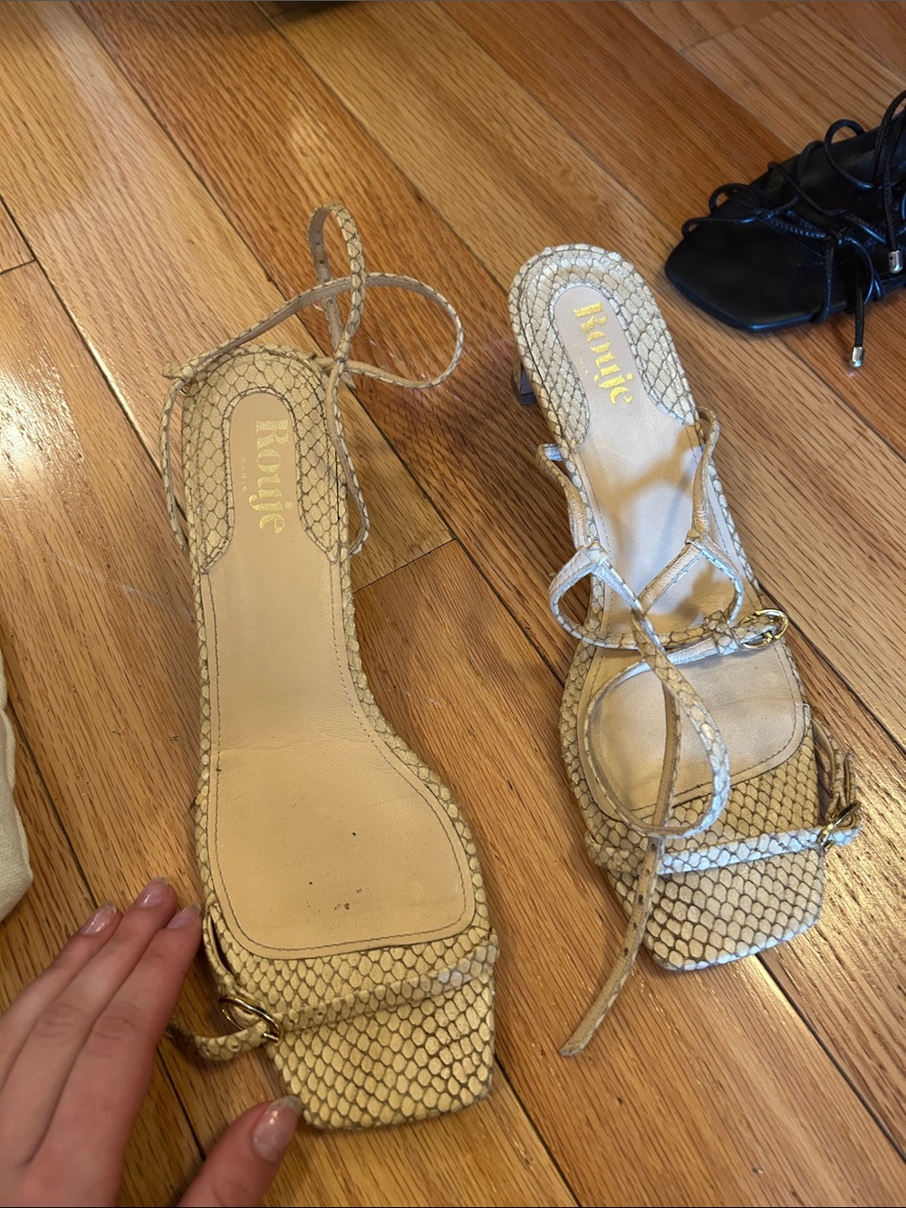 Rouje Cream Snake-Embossed Strappy Heels